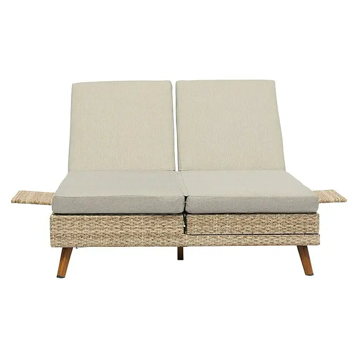 Tumbona de jardín Itziar - 125 x 198 x 30 cm, Gris, Aluminio, Respaldo regulable - Elegante sofá de exterior con base de ratán, cojines cómodos y mesas laterales integradas para momentos de relax al aire libre.