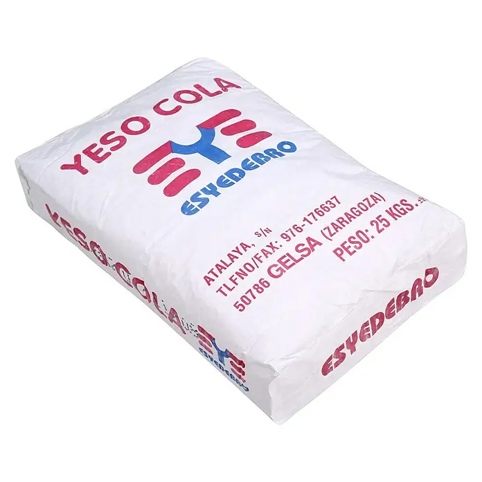 BHS Zaragoza Pegamento yeso cola - 25 kg - Un saco de yeso cola YESO COLA, fabricado por ESYEDEBRO, con un peso de 25 kg, perfecto para tareas de construcción y renovación.