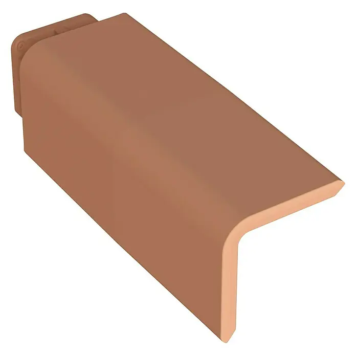 BHS Madrid Perfil de remate lateral Teja rojo - 9,5 x 9,5 x 43 cm - Primer plano de una baldosa de borde de piscina de terracota con un borde redondeado y fijación.