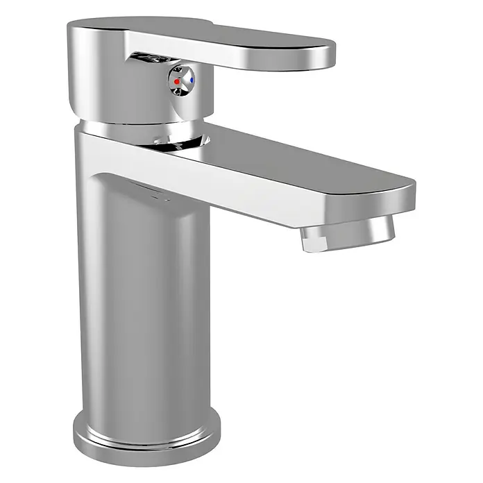 Grifo de lavabo Erin - Cromo, Resplandeciente - Primer plano de un elegante grifo de baño cromado con indicadores de temperatura, mostrando modernidad y funcionalidad.