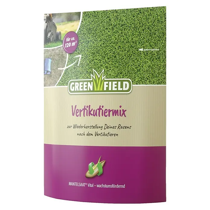 Greenfield Vertikutier-Mix - 2,5 kg, 120 m² - Produktbild: GreenField Vertikutiermix für die Rasenpflege, zur Rasenerneuerung nach dem Vertikutieren, vitalisierend und wachstumsfördernd.