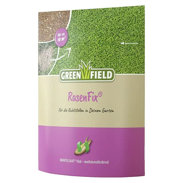 Greenfield Nachsaat-Rasen RasenFix - 1,5 kg, 10 m² - Produktbild von GreenField RasenFix zur Reparatur von Kahlstellen im Garten, Mantelsaat vital für ca. 10 m².