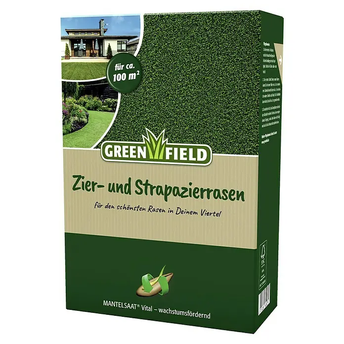Greenfield Rasensamen Zier- und Strapazierrasen - 2 kg, 100 m² - Bild einer Packung GreenField Zier- und Strapazierrasen, ideal für einen schönen, strapazierfähigen Rasen mit einer Fläche von ca. 100 m².