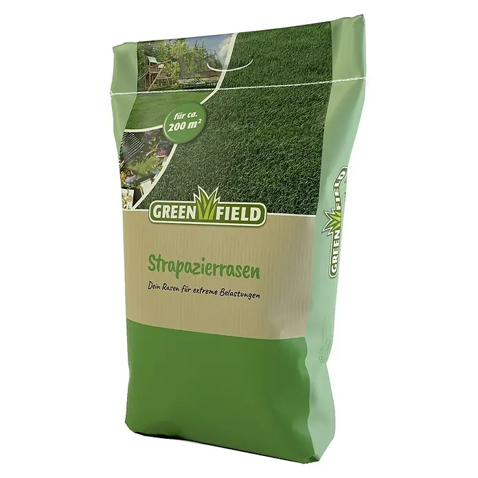 Greenfield Rasensamen Strapazierrasen - 5 kg, 200 m² - Eine Packung Greenfield Strapazierrasen, eine Rasenmischung für stark beanspruchte Flächen, geeignet für ca. 200 m².