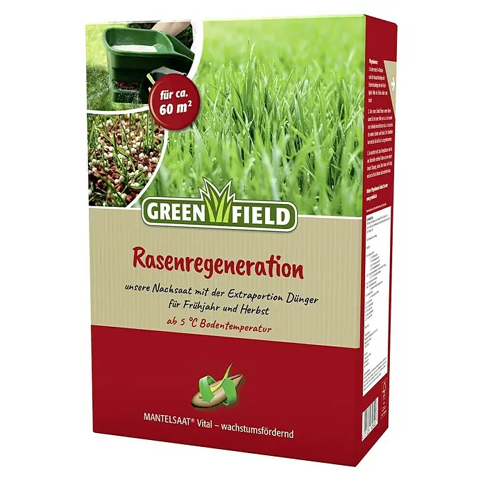Greenfield Nachsaat-Rasen Rasenregeneration - 2 kg, 60 m² - Rasenregenerations-Saatgut von Greenfield für ca. 60 m² Fläche, mit Dünger für Frühjahr/Herbst und vitaler Mantel Saat für Wachstum.