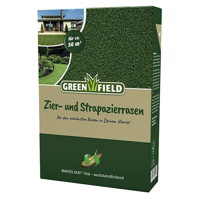 Greenfield Rasensamen Zier- und Strapazierrasen - 1 kg, 50 m² - Abbildung einer Packung Green Field Zier- und Strapazierrasen, geeignet für ca. 50 m², mit dem Versprechen eines schönen Rasens.