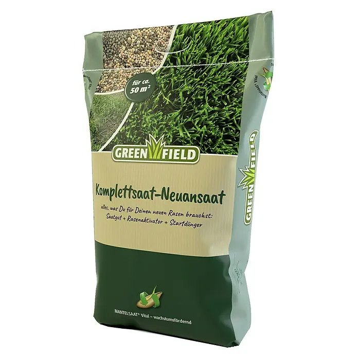Greenfield Rasensamen Komplettsaat - 10 kg, 50 m² - Bild einer Packung Greenfield Komplettsaat-Neuansaat Rasensamen, geeignet für ca. 50 m² Fläche, mit Dünger und Rasenaktivator.