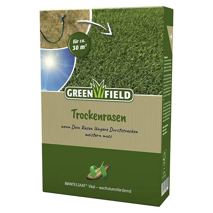 Greenfield Rasensamen Trockenrasen - 1 kg, 30 m² - Produktverpackung Green Field Trockenrasen.