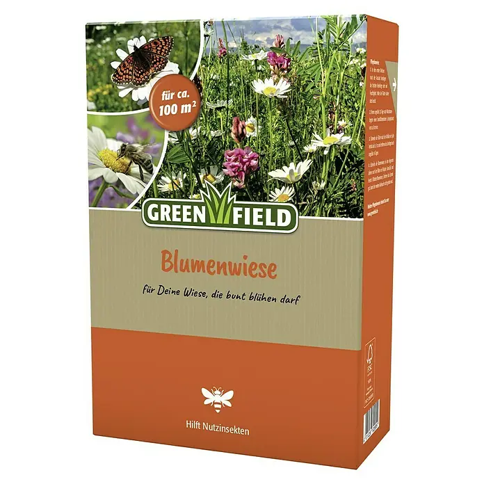 Greenfield Blumensamen - 100 m² - Produktverpackung von Green Field Blumenwiese für ca. 100 m² zur Unterstützung von Nutzinsekten mit Blütenwiesenmotiv.