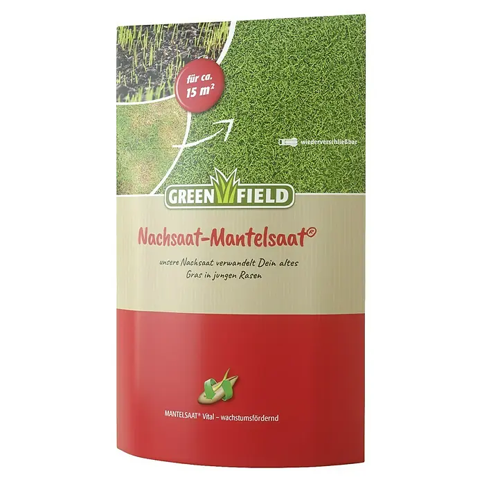 Greenfield Nachsaat-Rasen Mantelsaat - 0,275 kg, 15 m² - Produktbild eines "Greenfield Nachsaat-Mantelsaats"-Behälters, einem Rasensamenprodukt für die Rasenreparatur und -erneuerung, mit grüner Rasenfläche im Hintergrund.
