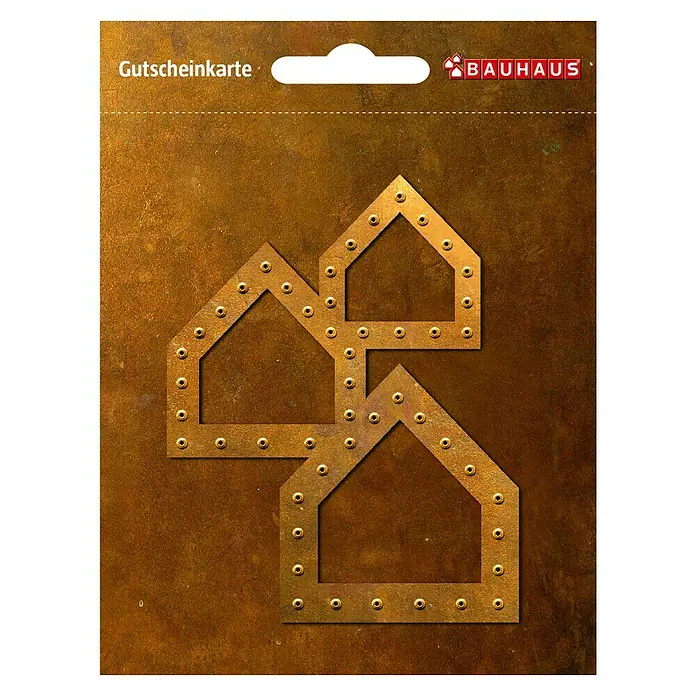 Gutscheinkarte - Per Postversand, 50 Euro, Konglomerat - Bauhaus Gutscheinkarte mit goldenem Häusermuster. Ideal als Geschenk für Heimwerkerprojekte und Bauvorhaben.