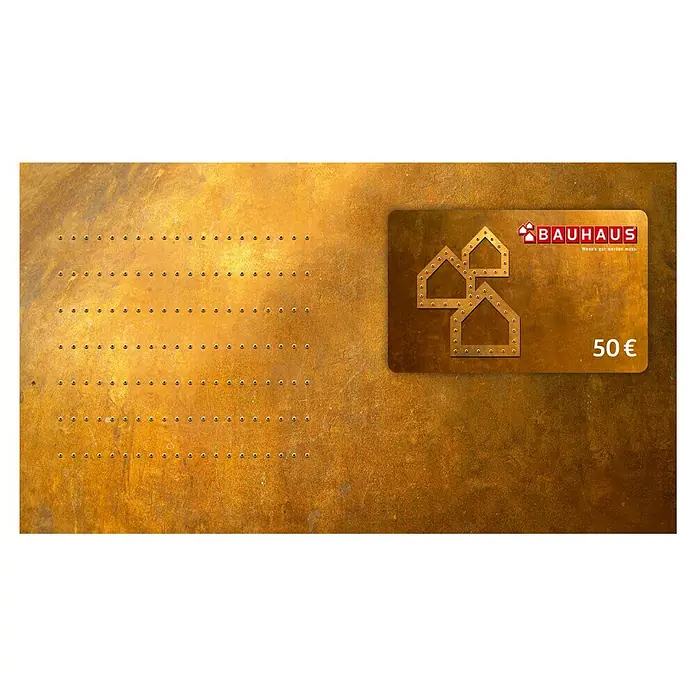 Gutscheinkarte - Per Postversand, 50 Euro, Konglomerat - Abbildung einer Bauhaus Geschenkkarte im Wert von 50 Euro.