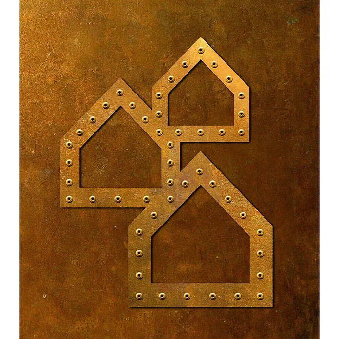 Gutscheinkarte - Per Postversand, 50 Euro, Konglomerat - Abstraktes goldenes Wanddekor mit drei stilisierten Häusern. Das dekorative Kunstwerk verleiht jedem Raum eine besondere Note.