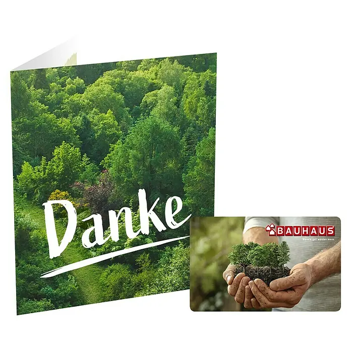 Gutscheinkarte - Per Postversand, 50 Euro, Bäume - Dankeskarte mit Waldmotiv und Bauhaus-Gutschein. Perfekt, um Wertschätzung zu zeigen und zum nächsten Einkauf bei Bauhaus einzuladen.