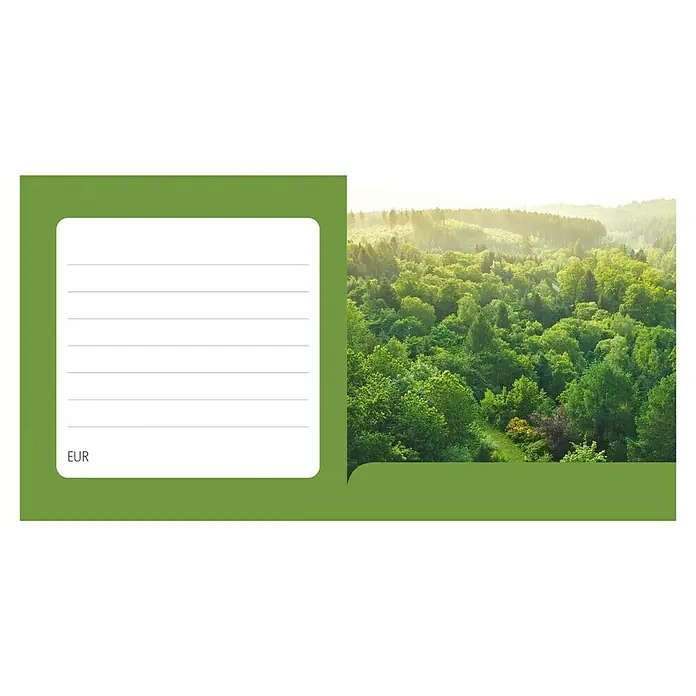 Gutscheinkarte - Per Postversand, 50 Euro, Bäume - Ein grünes Notizbuch mit einem Bild eines Waldes und Platz für Notizen. Ideal für Naturliebhaber und zur Organisation.