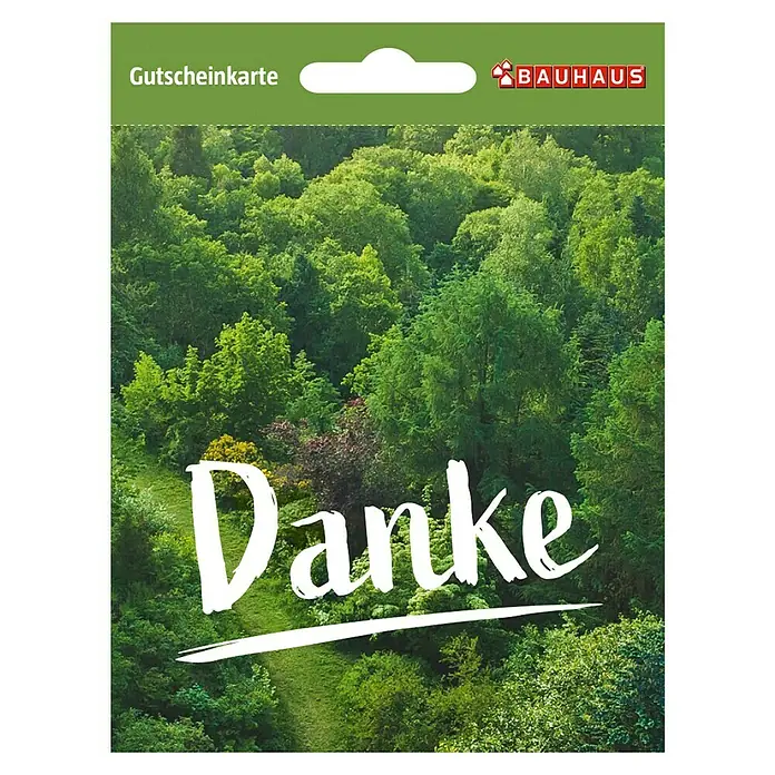 Gutscheinkarte - Per Postversand, 50 Euro, Bäume - Bauhaus Gutscheinkarte mit Waldmotiv und "Danke" Schriftzug. Ideal als Geschenk für Heimwerker und Gartenfreunde, vielseitig einlösbar.
