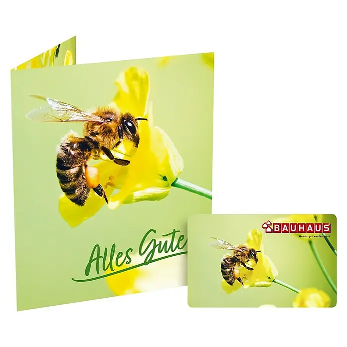 Gutscheinkarte - Per Postversand, 10 Euro, Biene - Glückwunschkarte mit Bienenmotiv und Bauhaus-Geschenkkarte. Alles Gute wünschen mit dieser liebevollen Karte und dem passenden Geschenk.