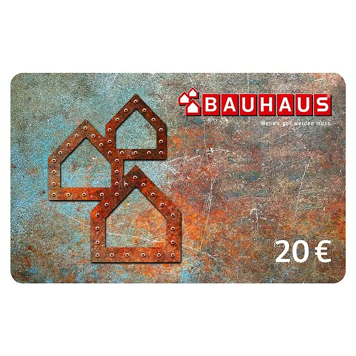 Gutscheinkarte - Per Postversand, 20 Euro, Konglomerat - Bauhaus Geschenkkarte im Wert von 20 €, ideal für Heimwerkerprojekte und Renovierungen. Die Karte präsentiert ein rustikales Design mit Hausmotiven.