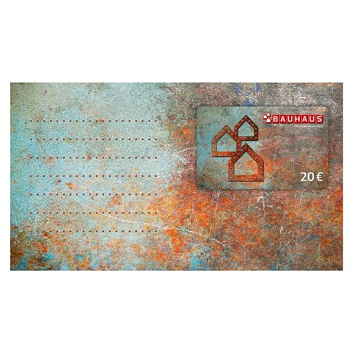 Gutscheinkarte - Per Postversand, 20 Euro, Konglomerat - Geschenkgutschein von Bauhaus im Wert von 20 Euro mit Rost-Design. Ideal für Heimwerker, die das Besondere suchen.