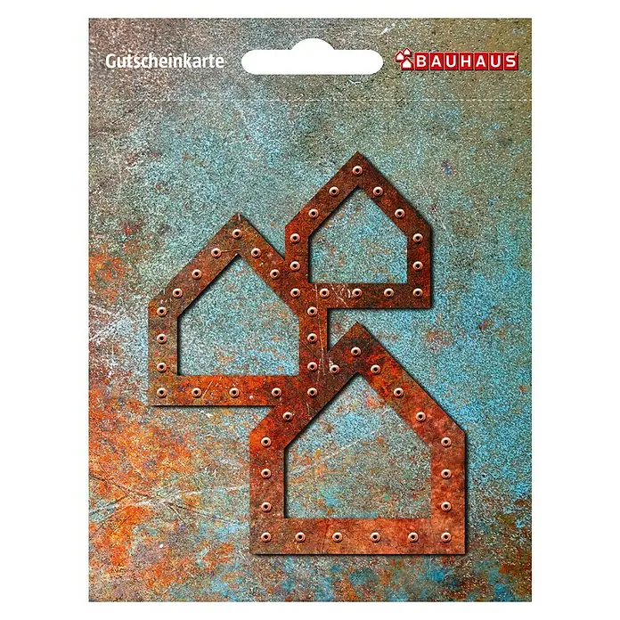 Gutscheinkarte - Per Postversand, 20 Euro, Konglomerat - Gutscheinkarte von Bauhaus mit drei stilisierten Häusern aus rostfarbenem Metall, ideal zum Verschenken für Bauprojekte.
