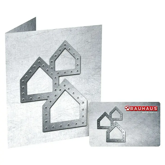 Gutscheinkarte - Per Postversand, Individueller Betrag, Konglomerat - Abbildung einer Bauhaus-Geschenkkarte und eines Gutscheins. Metallischer Look mit Hausmotiven und Bauhaus-Logo.