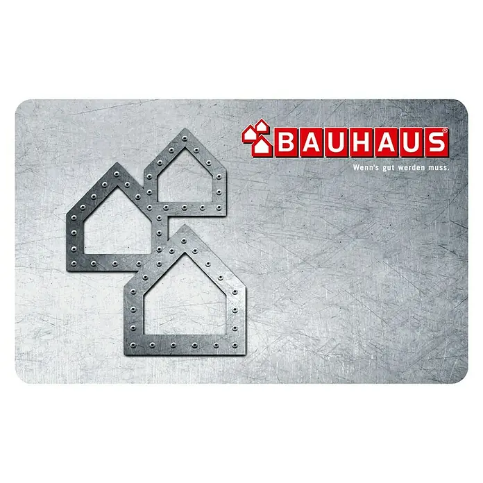 Gutscheinkarte - Per Postversand, Individueller Betrag, Konglomerat - Die Bauhaus Geschenkkarte auf einem strukturierten, metallischen Hintergrund mit dem Bauhaus Logo und drei Haus-Symbolen.