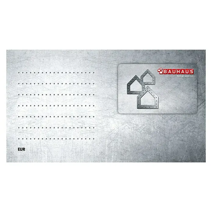 Gutscheinkarte - Per Postversand, Individueller Betrag, Konglomerat - Eine metallische Bauhaus-Geschenkkarte, ideal für Heimwerkerbedarf und Bauprojekte. Perfekt als Präsent für kreative Bauvorhaben.