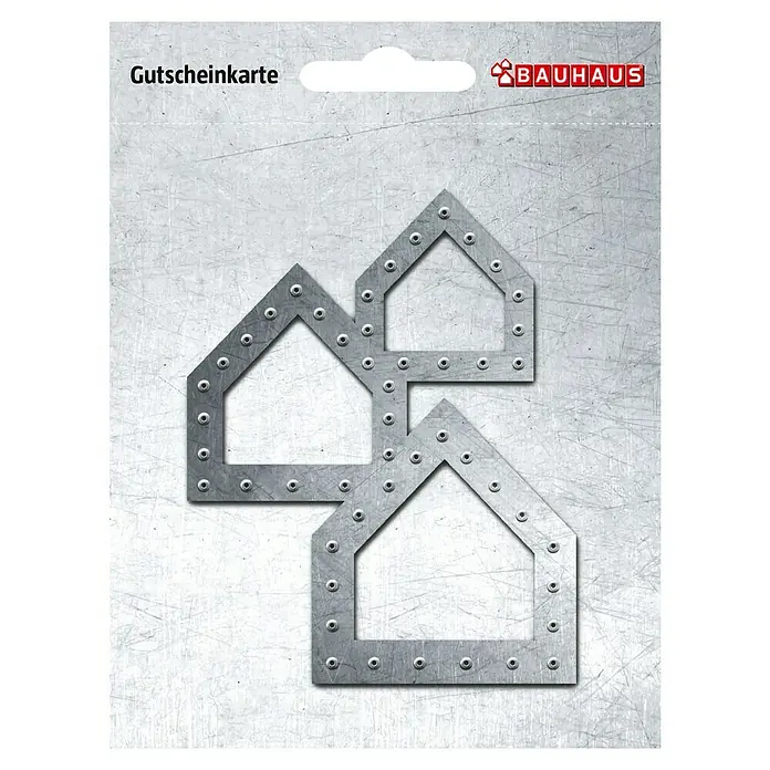 Gutscheinkarte - Per Postversand, Individueller Betrag, Konglomerat - Geschenkgutschein von Bauhaus. Die Karte zeigt drei stilisierte Häuser, die aus Metall bestehen und mit Schrauben befestigt sind.