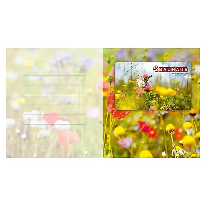 Gutscheinkarte - Per Postversand, Gutscheinwert: 20 Euro, Frühlingswiese - Eine Postkarte mit einem Blumenwiesenmotiv und dem Bauhaus-Logo, ideal für Grüße. Die Karte bietet Platz für persönliche Nachrichten.