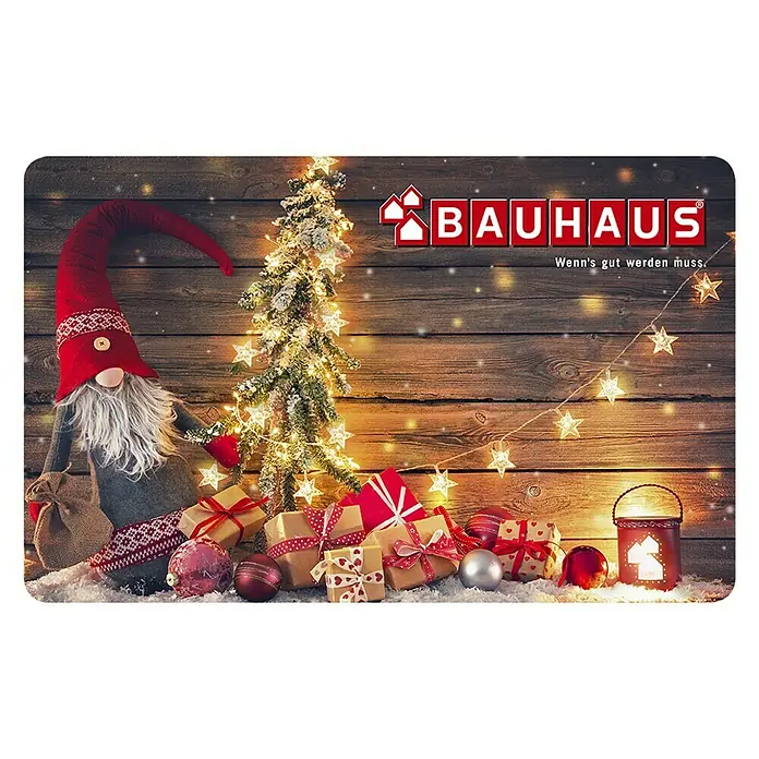 Gutscheinkarte - Zum Selbstausdruck, 20 Euro, Weihnachtswichtel - Bauhaus-Weihnachtskarte mit festlicher Dekoration, ideal für Weihnachtsgruß.