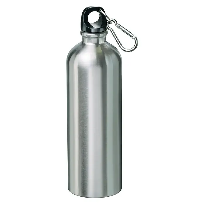 Marinetech Botella - 0,75 l, Acero inoxidable, Plateado - Botella de agua de metal plateada reutilizable con mosquetón para sujetarla, perfecta para deportes, viajes y uso diario.