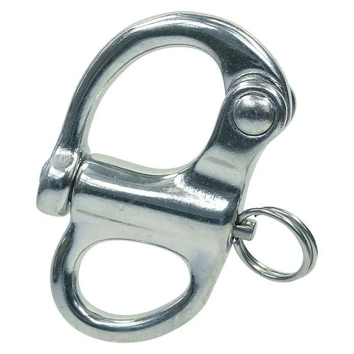Marinetech Grillete de sujeción - 96 mm, Acero inoxidable, A4 - Un grillete de mosquetón plateado con un pequeño anillo para asegurar el perno, diseñado para liberación y fijación rápidas.