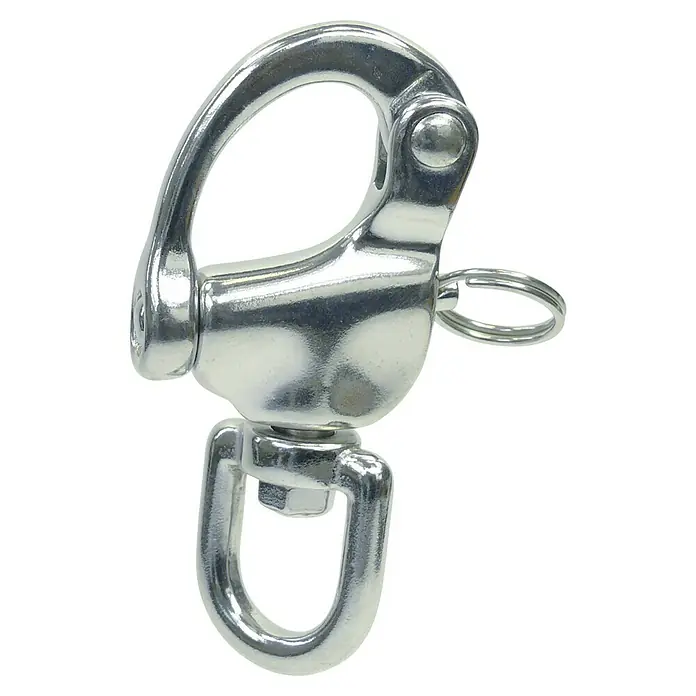 Marinetech Grillete giratorio - 87 mm, Acero inoxidable, A4 - Grillete giratorio de acero inoxidable con mosquetón y anilla para aplicaciones marinas o exteriores versátiles, que ofrece conexiones seguras.