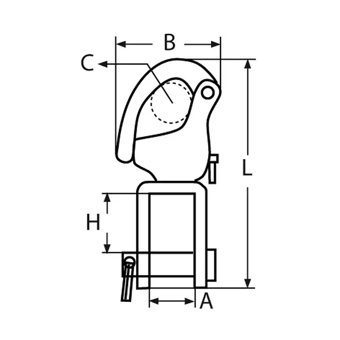 Marinetech Grillete giratorio BH82624128 - 128 mm, Acero inoxidable, A4 - Diagrama de un grillete giratorio con dimensiones A, B, C, H y L. Representación técnica del producto con dimensiones.