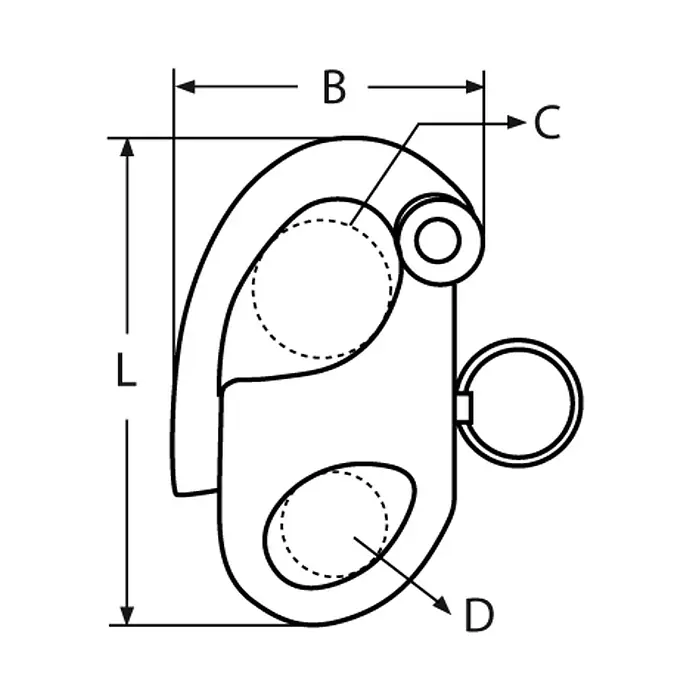 Marinetech Grillete de sujeción - 96 mm, Acero inoxidable, A4 - Dibujo técnico de un mosquetón con dimensiones L, B, C y D, que proporciona detalles sobre sus medidas y construcción.