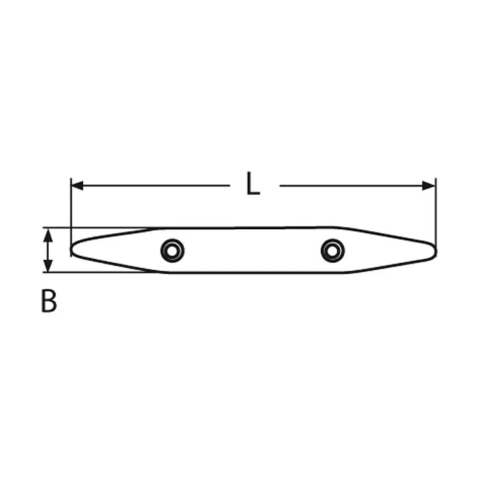 Marinetech Tope hueco - 200 mm, Acero inoxidable, A2 - Esquema de una cornamusa plana para barco con indicaciones de longitud L y B. Vista detallada de las dimensiones de una cornamusa plana.