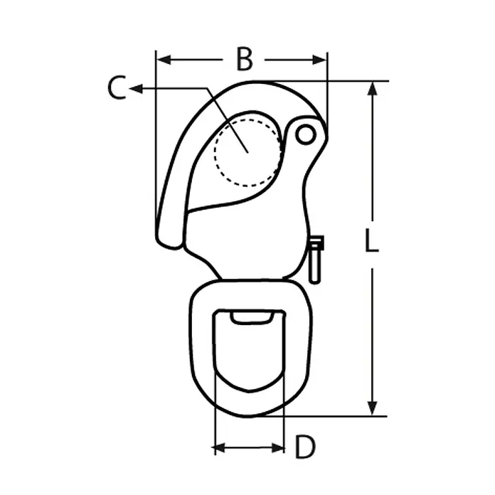 Marinetech Grillete giratorio - 87 mm, Acero inoxidable, A4 - Vista de una cadena giratoria con dimensiones (longitud, anchura, etc.) mostrada en un dibujo técnico.