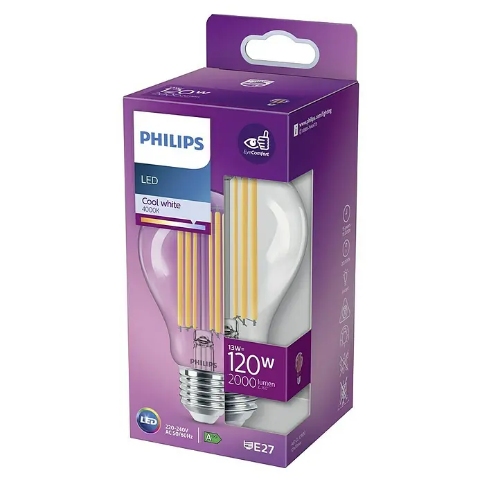 Philips Bombilla LED Classic CW A60 - E27, No regulable, Blanco frío, 2.000 lm, 120 W - Una bombilla LED Philips en un paquete morado. La bombilla es cool white y tiene 4000K.