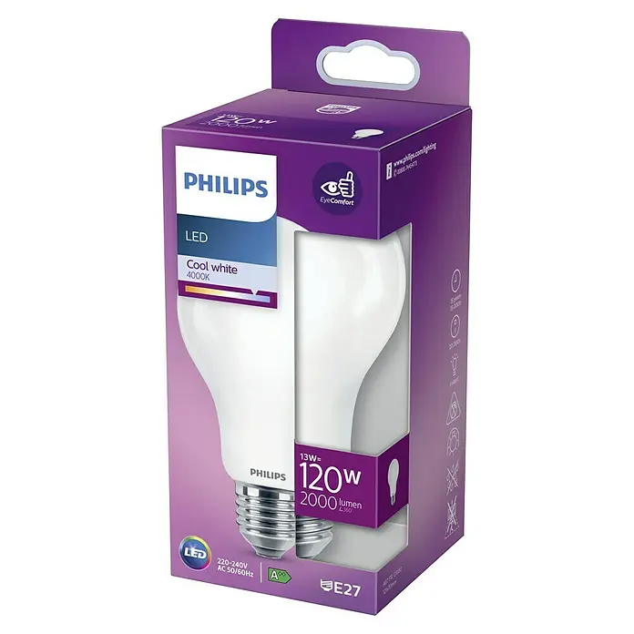 Philips Bombilla LED Classic CW A67 - E27, No regulable, Blanco frío, 2.000 lm, 120 W - Primer plano de una bombilla LED Philips, 120W, 2000 lúmenes, empaquetada en una caja morada con información del producto.