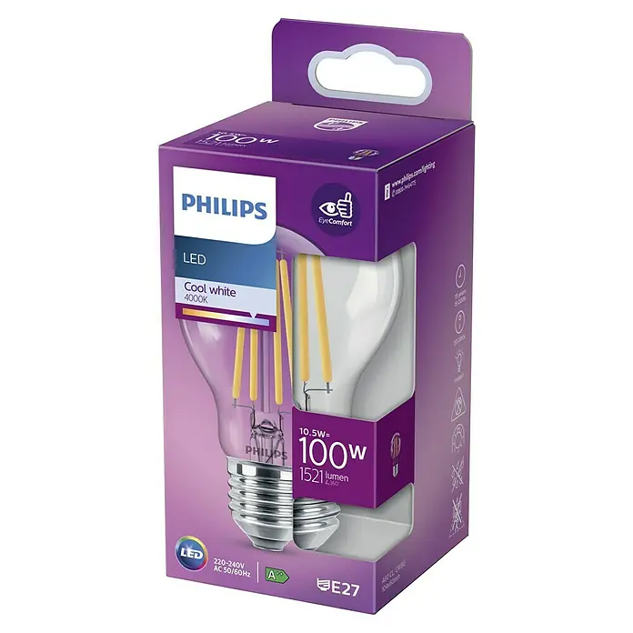 Philips LED-Lampe Classic CW - E27, Nicht Dimmbar, Kaltweiß, 1.521 lm, 100 W - Nahaufnahme einer Philips LED-Filament Glühbirne in der Verpackung, die eine Leistung von 100W bei 4000K bietet.