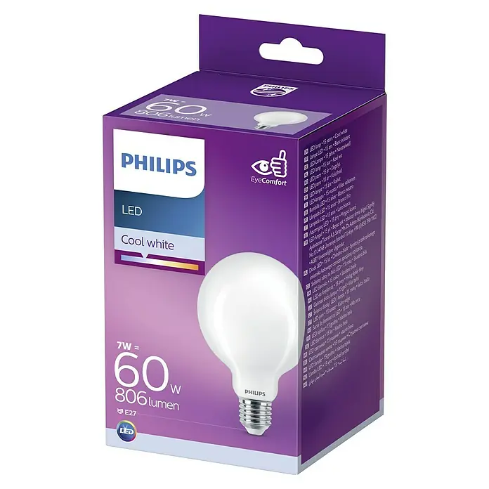 Philips Bombilla LED Classic CW - E27, No regulable, Blanco frío, 806 lm, 60 W, Globo - Imagen de una bombilla LED Philips de 7W, equivalente a 60W y 806 lúmenes, que emite una luz blanca fría.