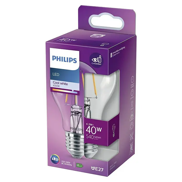 Philips Bombilla LED Classic CW - E27, No regulable, Blanco frío, 540 lm, 40 W - Una bombilla LED Philips de 4.3W, equivalente a 40W, con luz blanca fría (4000K) y base E27, en una caja de color púrpura.