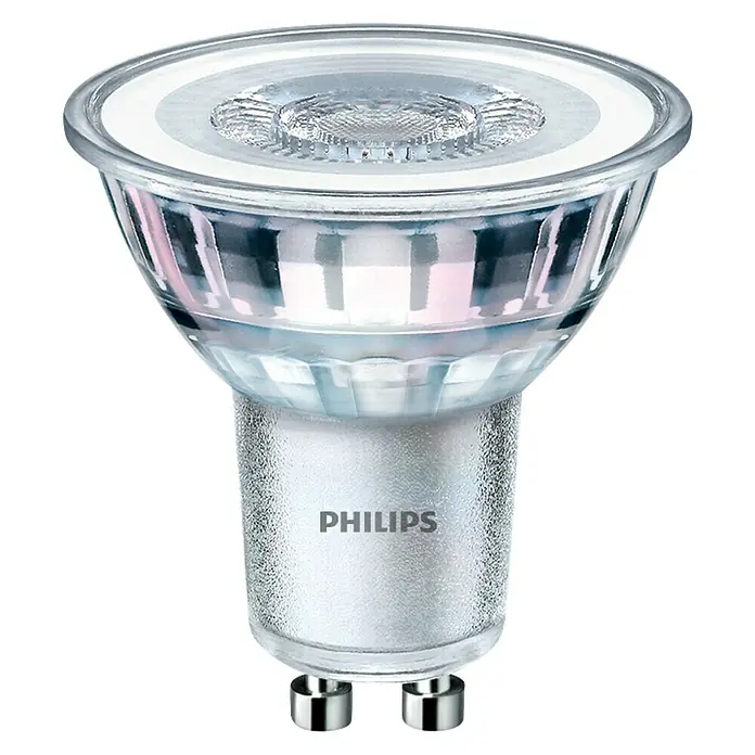 Philips Bombilla LED Classic CDL - GU10, No regulable, Blanco diurno, 390 lm, 50 W - Primer plano de una bombilla LED GU10 de Philips con vidrio transparente, base plateada y dos pines, ideal para iluminación de acento.