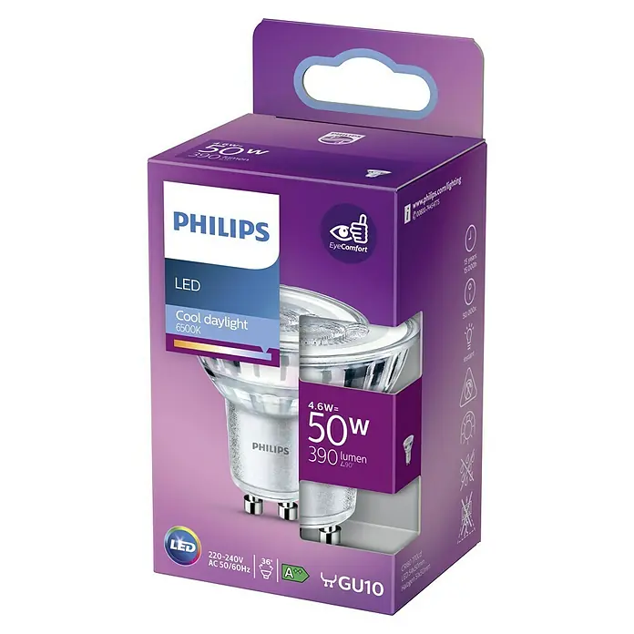 Philips Bombilla LED Classic CDL - GU10, No regulable, Blanco diurno, 390 lm, 50 W - Primer plano de una bombilla LED Philips en su embalaje, que ofrece una potencia de 4.6W y un equivalente de 50W.