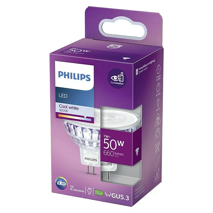 Philips Bombilla LED Classic CW - GU5,3, No regulable, Blanco frío, 660 lm, 50 W - Bombilla LED Philips de 7W, equivalente a 50W, 660 lúmenes, luz blanca fría (4000K) para una iluminación confortable.