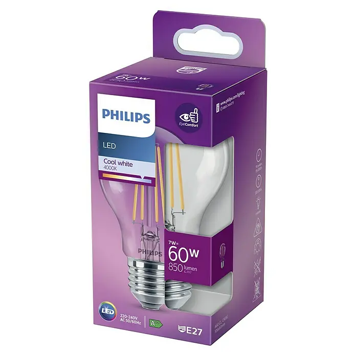 Philips LED-Lampe Classic CW - E27, Nicht Dimmbar, Kaltweiß, 850 lm, 60 W - Eine Nahaufnahme der Verpackung einer Philips LED-Glühbirne, die 60W Cool White mit 850 Lumen bietet.