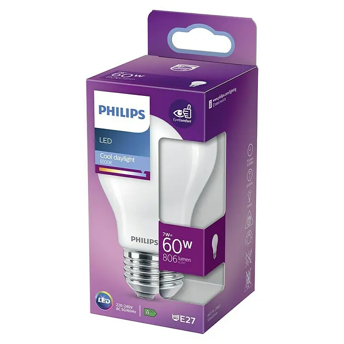 Philips Bombilla LED Classic CDL - E27, No regulable, Blanco diurno, 806 lm, 60 W, Redonda - Primer plano de una bombilla LED Philips de 60W en su embalaje morado. El producto promete confort ocular y luz de día fría con sus 6500K.