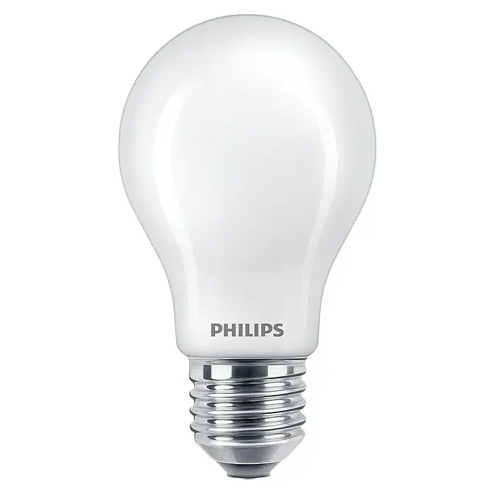Philips LED-Lampe Classic CW - E27, Nicht Dimmbar, Kaltweiß, 470 lm, 40 W - Nahaufnahme einer Philips LED-Glühbirne mit mattiertem Glaskolben und silbernem Sockel vor einem schwarzen Hintergrund.