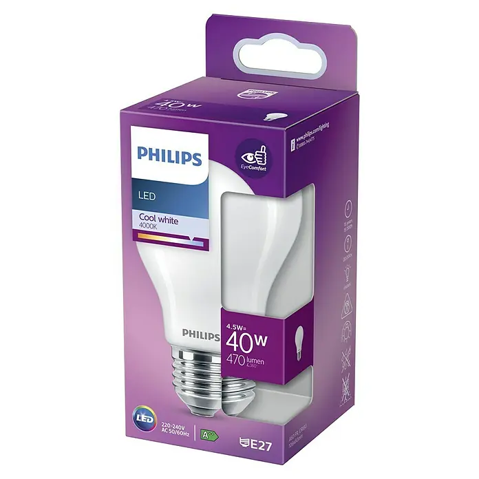 Philips LED-Lampe Classic CW - E27, Nicht Dimmbar, Kaltweiß, 470 lm, 40 W - Philips LED-Lampe: 4,5W entspricht 40W, cooles Weiß 4000K, E27 Sockel. Energiesparend und langlebig für angenehmes Licht.