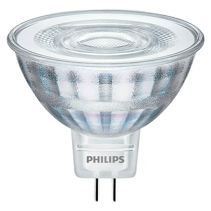 Philips Bombilla LED Classic CW - GU5,3, No regulable, Blanco frío, 390 lm, 35 W - Primer plano de una bombilla LED Philips MR16, que combina eficiencia energética y diseño moderno para una iluminación óptima.